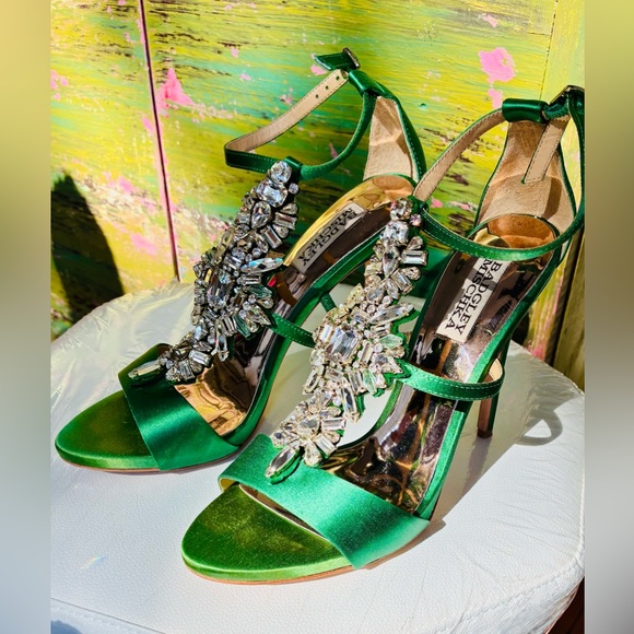 Badgley Mischka Women's Basile Dress Sandal green satin crystals wedding evening - Picture 3 of 7